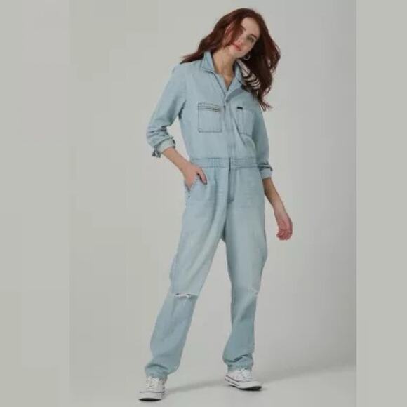 Lee X Free people Utility Coveralls barely blue Denim chore Jumpsuit Size Small
